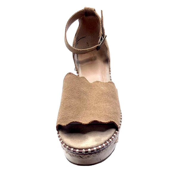 Boho Tan Suede Scalloped Jute Espadrille Wedge Sandals 8.5 Ankle Strap Festival - Picture 3 of 9